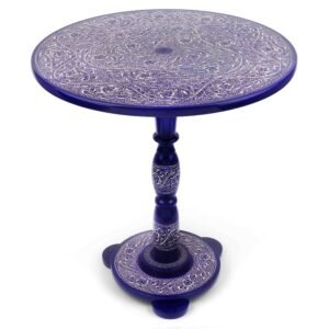 Blue Round Coffee Table Handcrafted and Handpainted with Intricate Floral Patterns