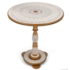 White Round Coffee Table Handcrafted and Handpainted with Intricate Floral Patterns
