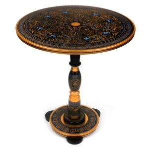Black Round Coffee Table Handcrafted and Handpainted with Intricate Floral Patterns