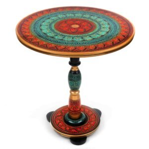 Green Round Coffee Table Handcrafted and Handpainted with Intricate Floral Patterns