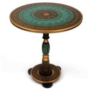 Green Round Coffee Table Handcrafted and Handpainted with Intricate Floral Patterns