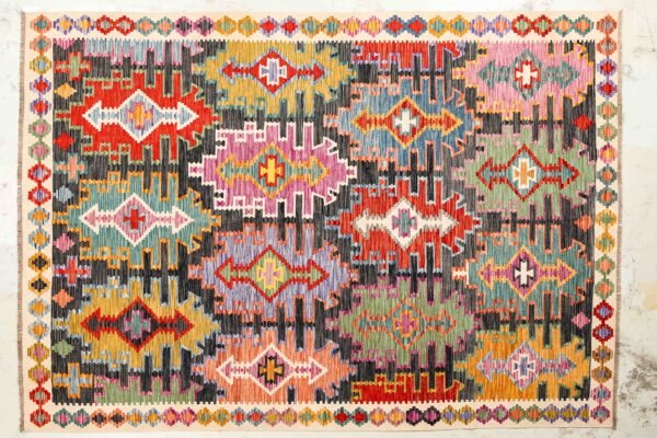 Custom Designed Large Kilim Rug with Warm and Vibrant Patterns